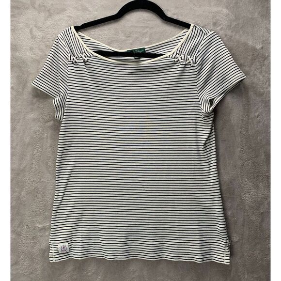 LAUREN RALPH LAUREN | MEDIUM WOMEN'S | NAVY STRIPE VTG SHORT SLEEVE WHITE - Picture 1 of 9